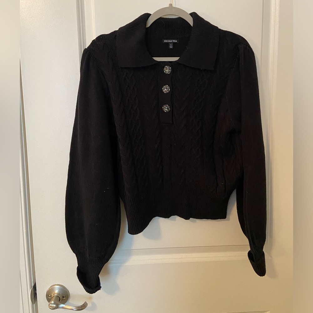 Who What Wear Black Cable-knit Sweater, jewel button detail